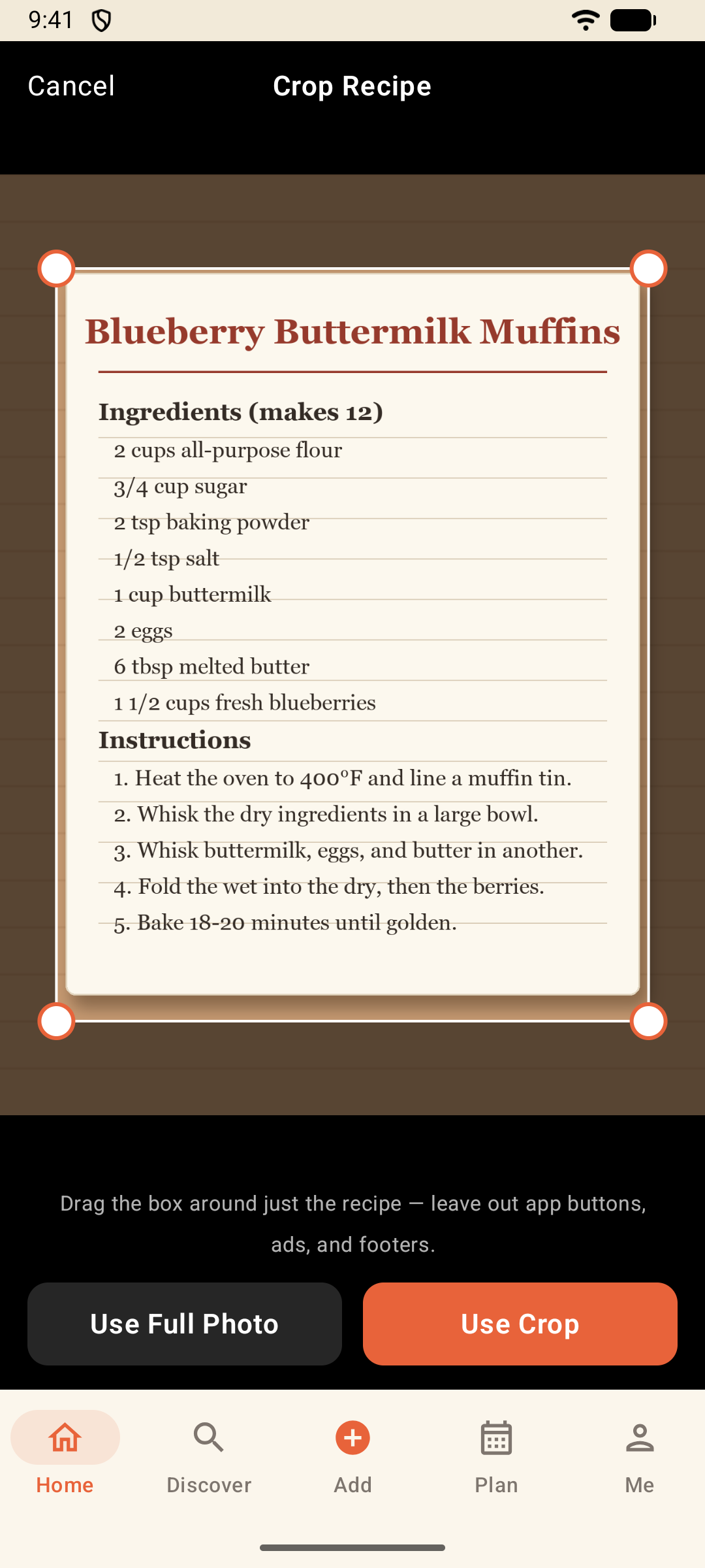 Crop screen with a photographed recipe card, ready to crop to just the recipe