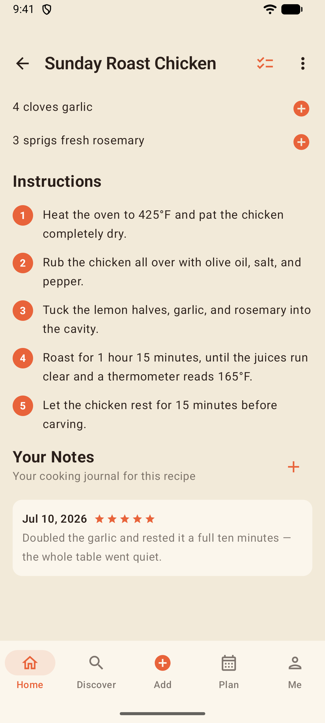 Your Notes cooking journal with a rated, dated entry