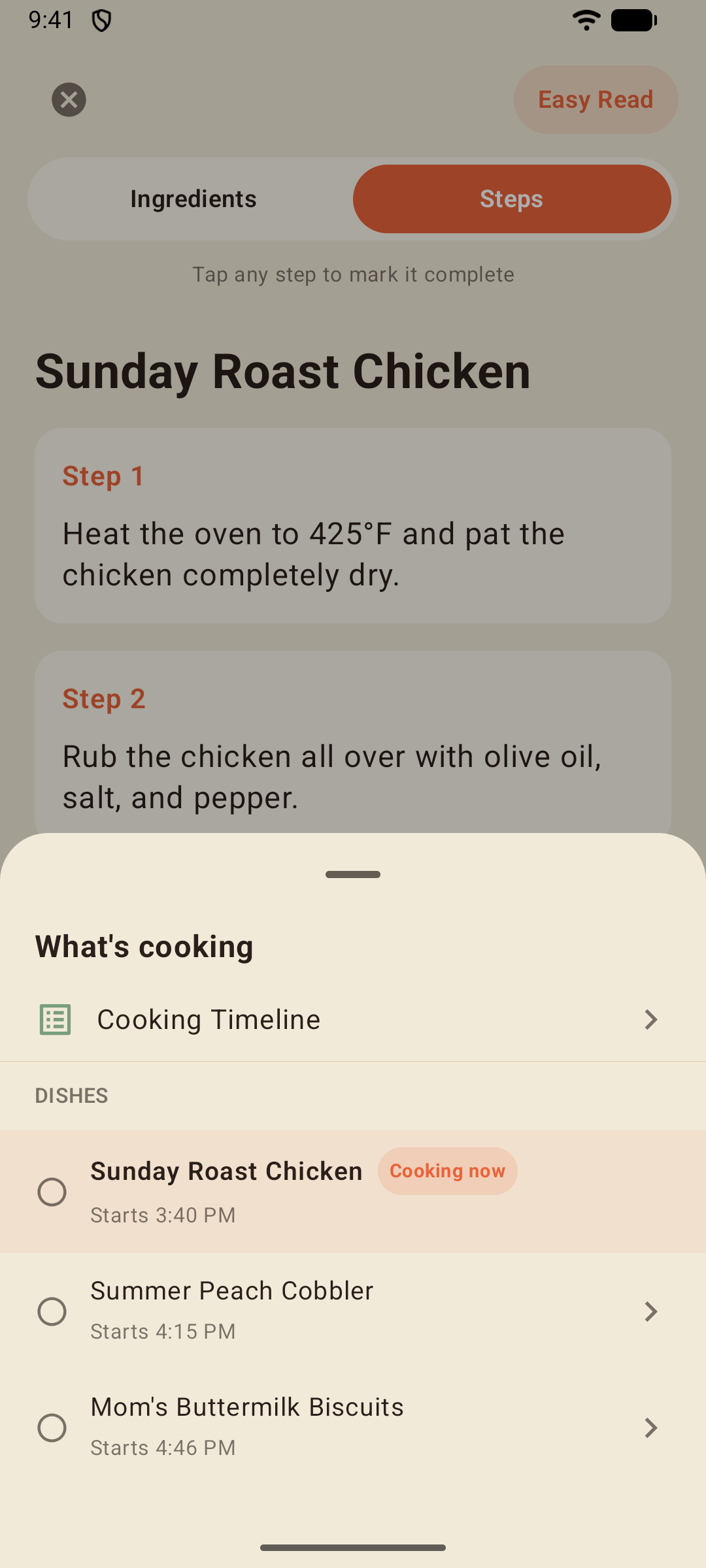 What's cooking board showing every dish's state during a meal session