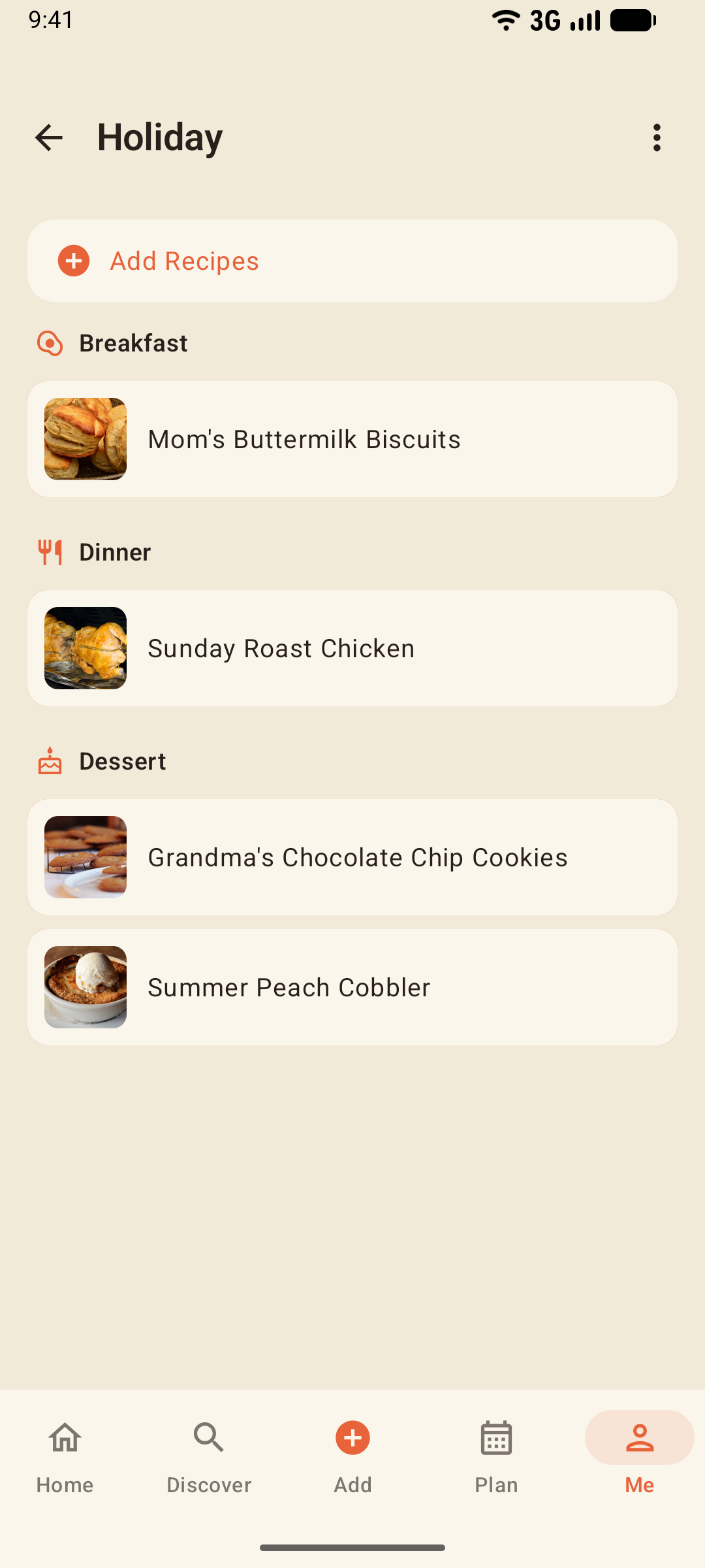 A collection's page, Holiday, with its recipes grouped under Breakfast, Dinner, and Dessert below the Add Recipes button