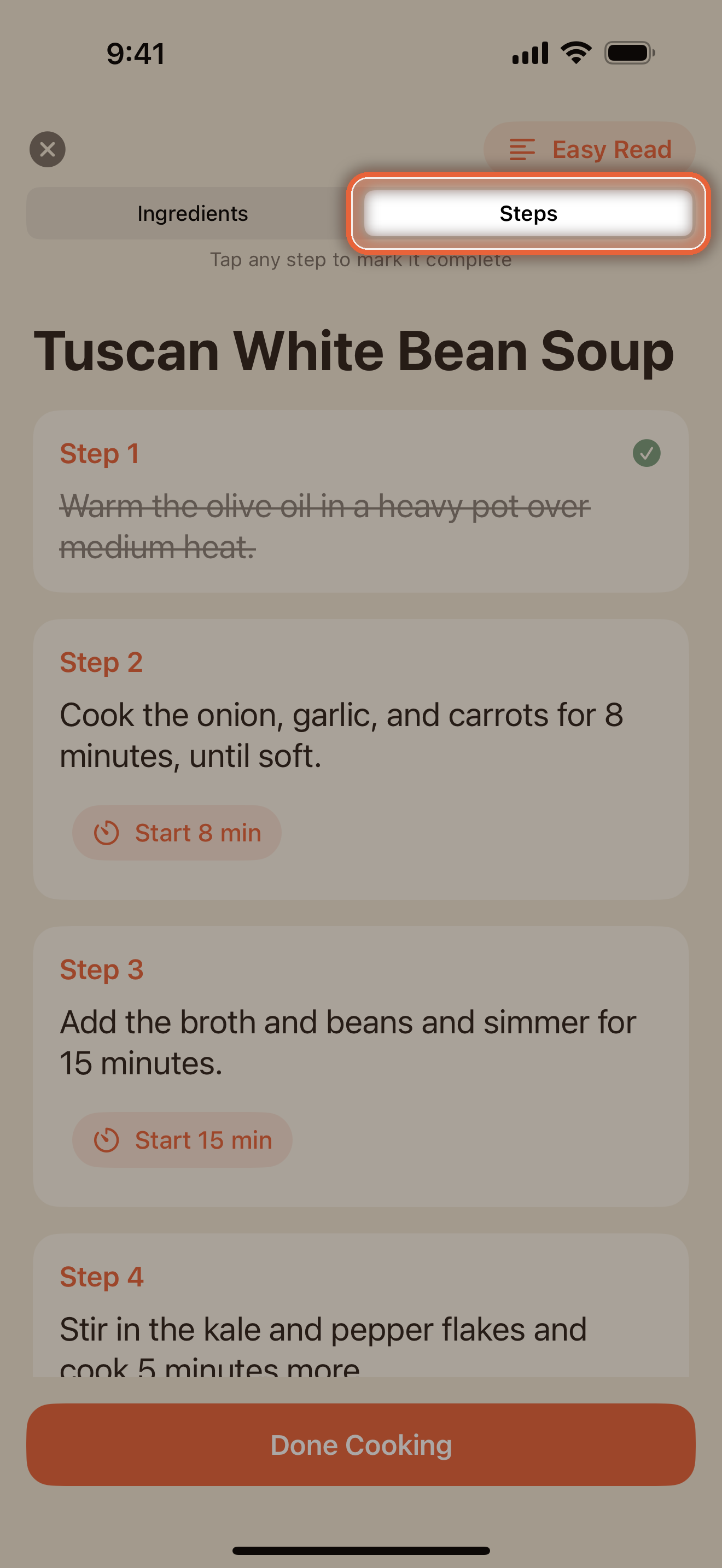 Cook Mode steps with the Ingredients and Steps pill and one step completed