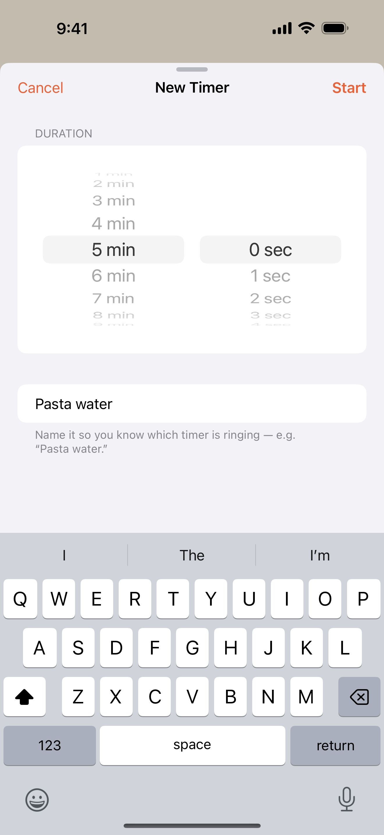 New Timer sheet with minutes and seconds wheels and a label field