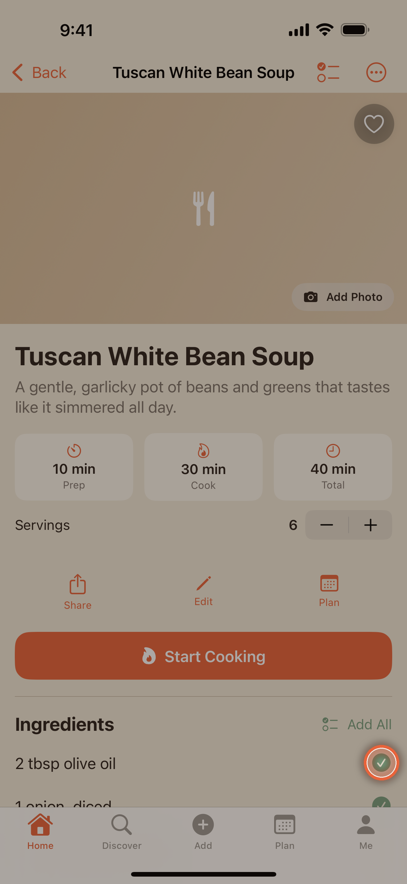 Ingredient rows with green checkmarks after adding them to the shopping list