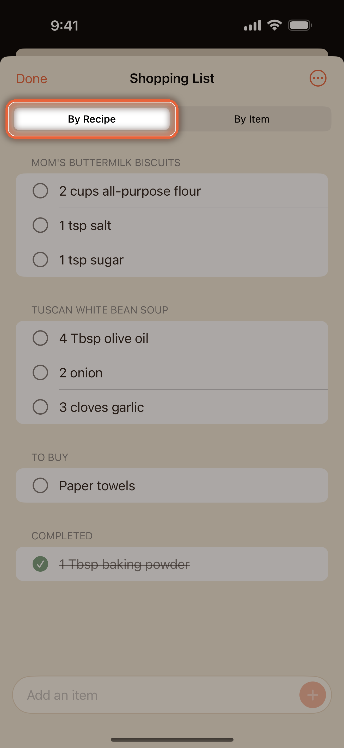 Shopping list grouped by recipe with the By Recipe and By Item toggle
