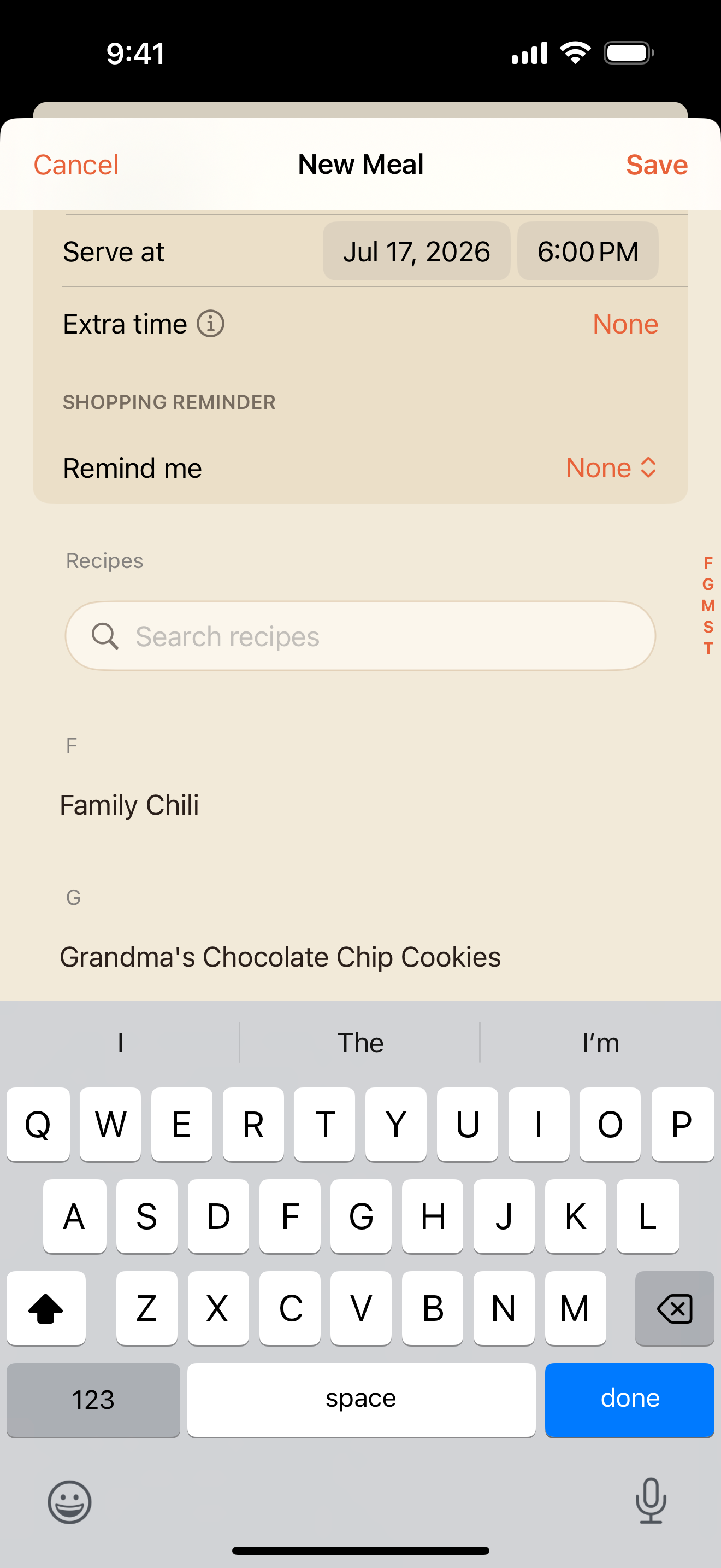 New Meal editor with the meal details band and recipes selected
