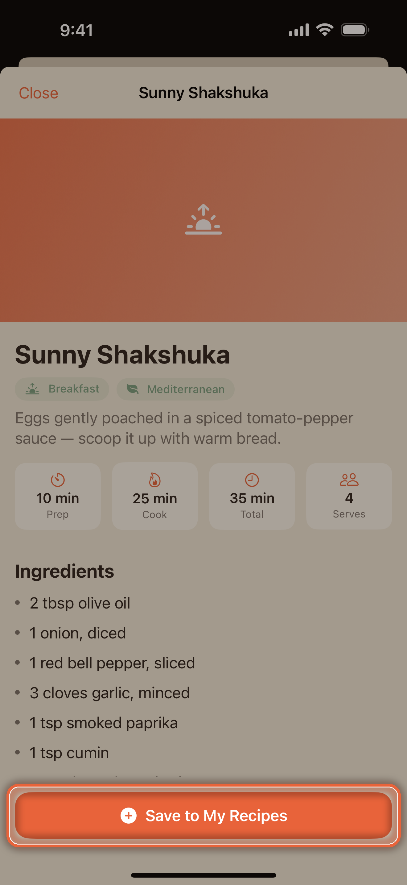 A Focara inspiration recipe preview with the Save to My Recipes button