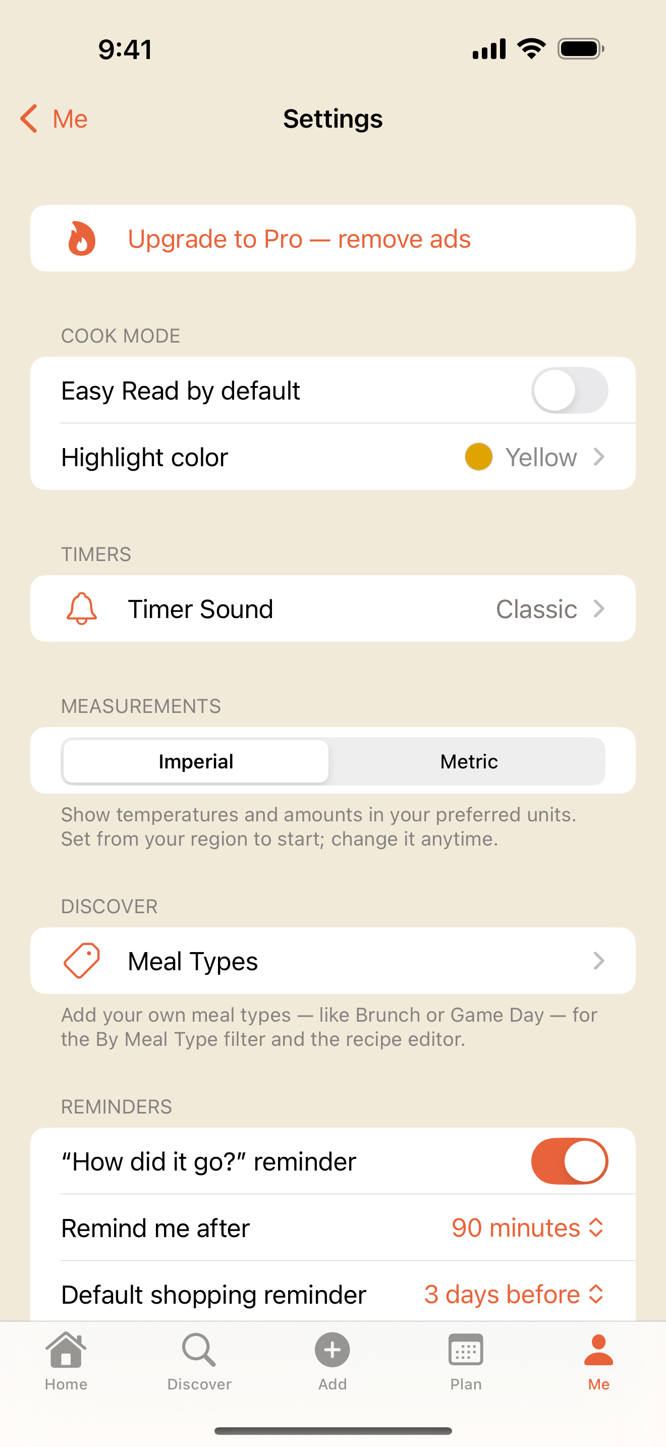 Settings screen with Cook Mode, Easy Read, timers, and measurement options